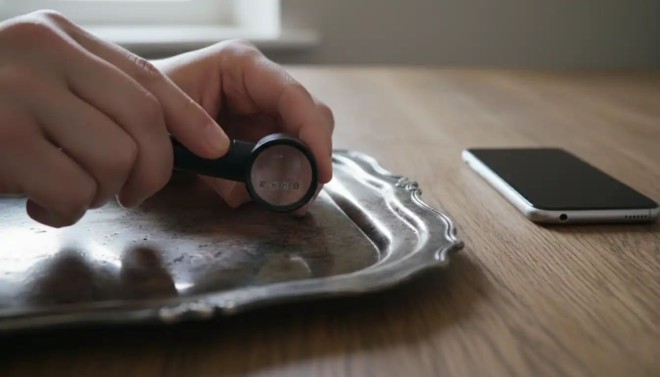 A person using a jeweler's loupe to inspect hallmarks on the bottom of a silver tray.