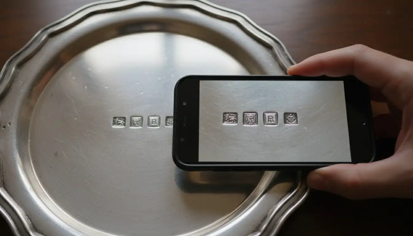 A person using a smartphone to photograph and magnify hallmarks on an antique silver platter.