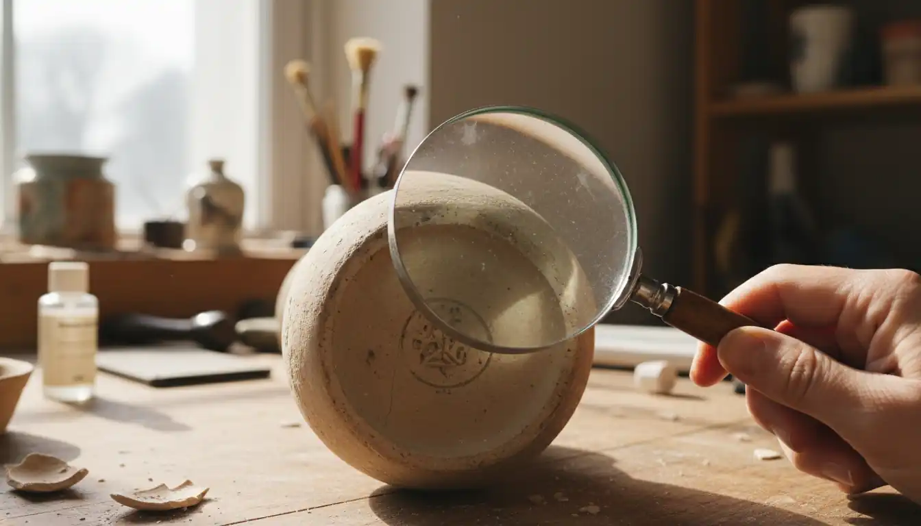 Close-up of hands using a magnifying glass to inspect a maker's mark on a vintage ceramic vase.