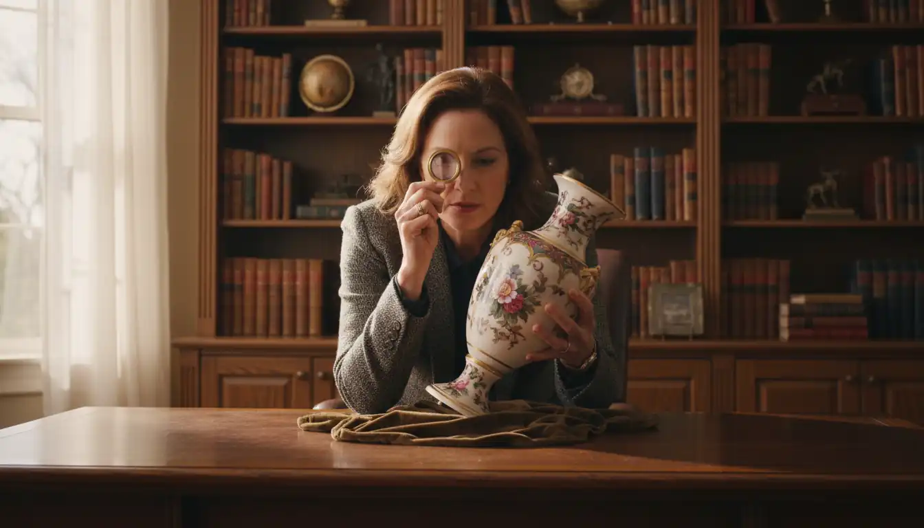 A professional appraiser using a magnifying loupe to inspect a porcelain vase on a wooden desk.