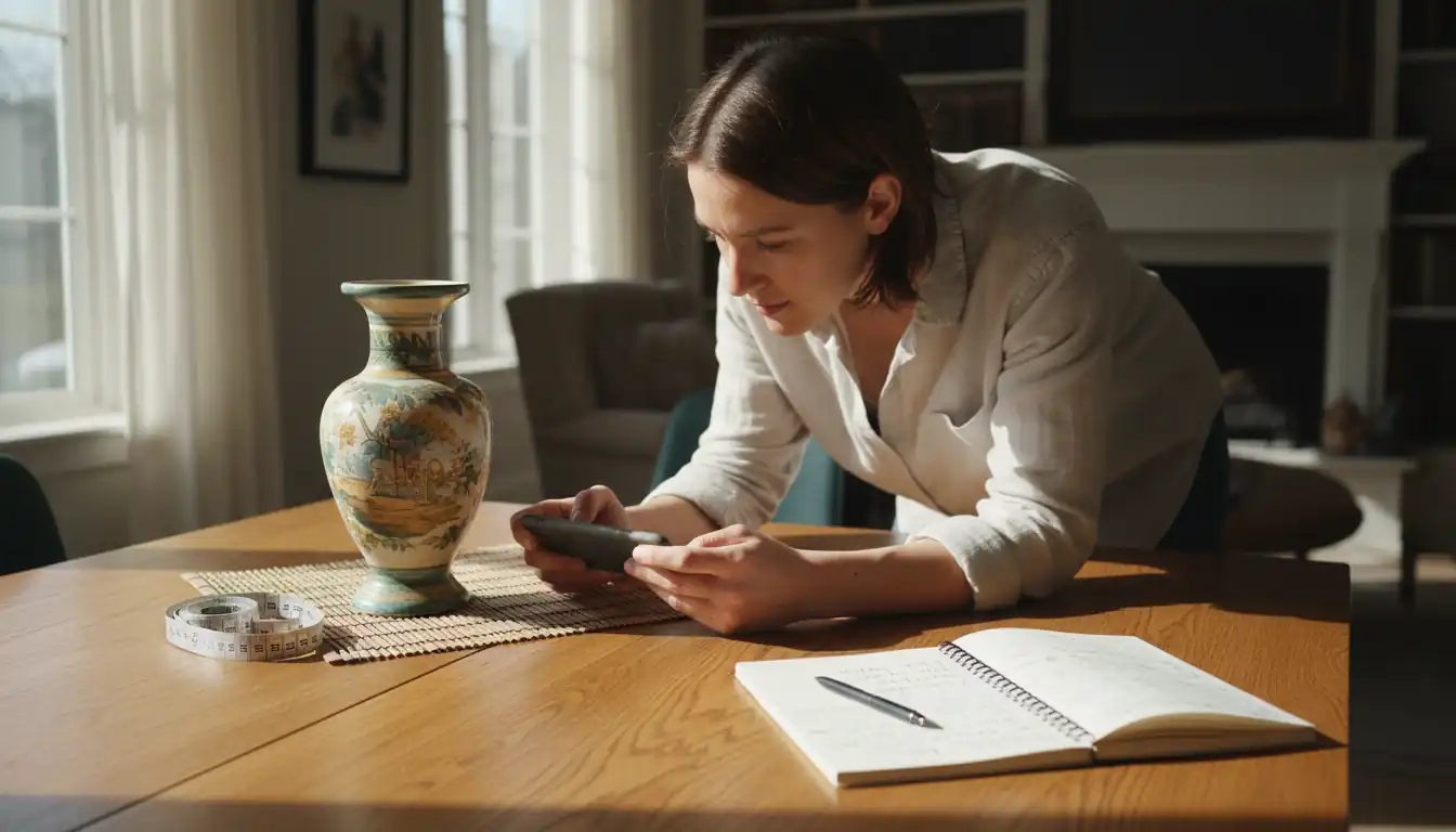 A person using a smartphone to photograph a vintage ceramic vase on a wooden table for an online sale.
