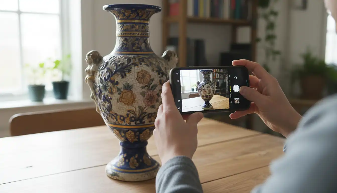 A person using a smartphone to photograph an antique ceramic vase on a wooden table in natural light.