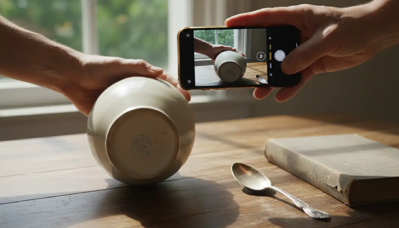 Close-up of a person using a smartphone to photograph a maker's mark on a vintage ceramic vase.