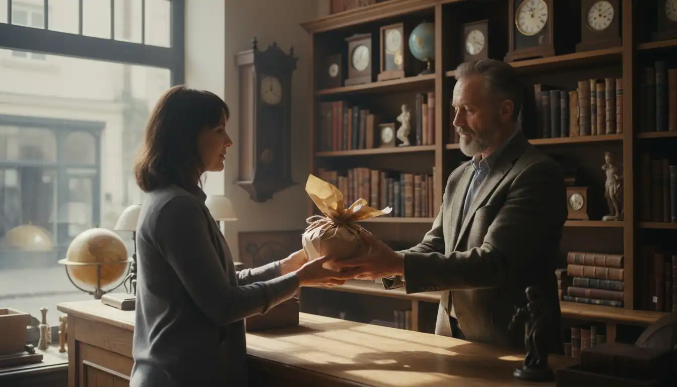 An antique dealer handing a vintage ceramic vase to a customer in a sunlit shop.