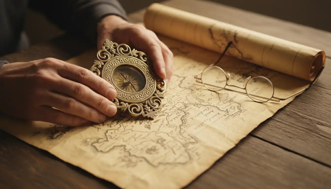 Hands holding an antique brass compass over an old parchment map on a wooden desk.