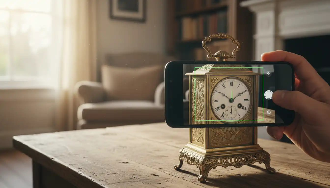 A person using a smartphone to photograph an antique brass clock on a wooden table in a sunlit room.
