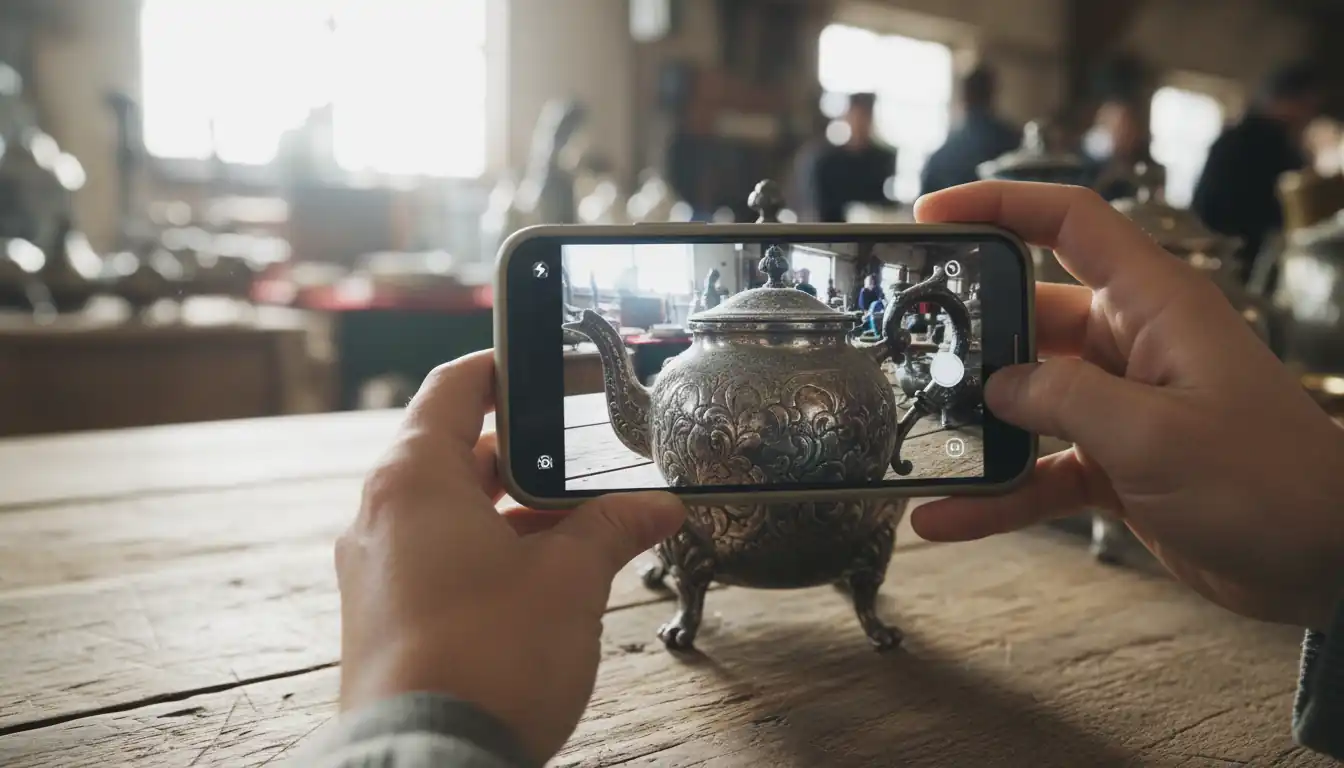 A person using a smartphone camera to photograph an ornate silver teapot on a wooden table for appraisal.