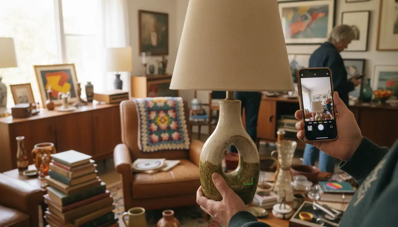 A person using a smartphone to identify a vintage ceramic lamp at a crowded indoor estate sale.