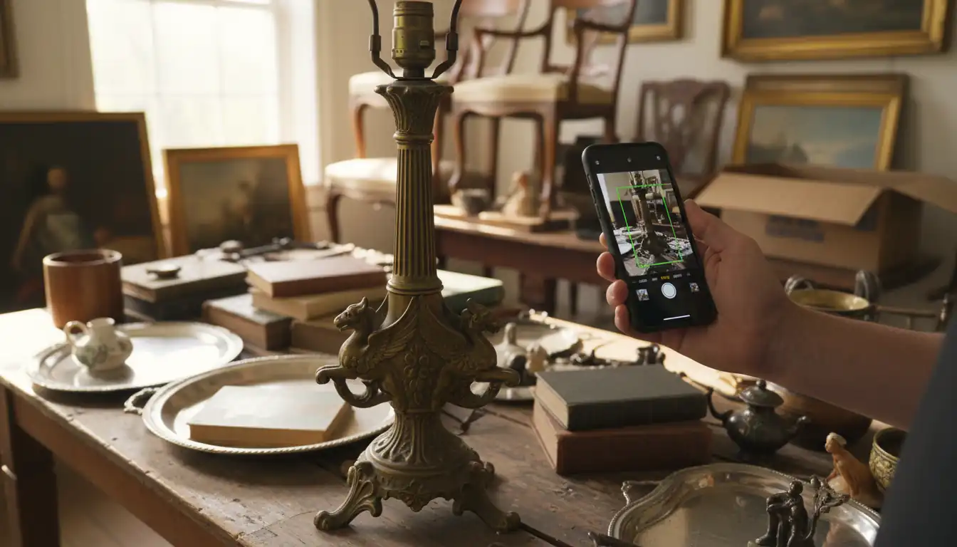 A person using a smartphone to photograph a vintage brass lamp at an indoor estate sale.