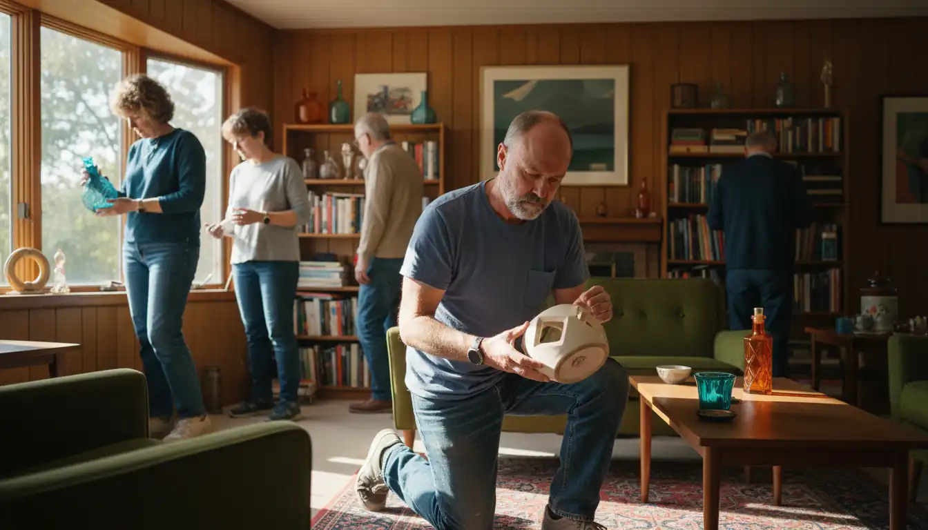 A man inspecting a vintage lamp in a crowded, sunlit living room during an estate sale.