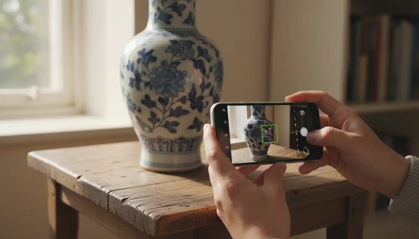 A person using a smartphone to take a photo of an antique ceramic vase in a sunlit room.