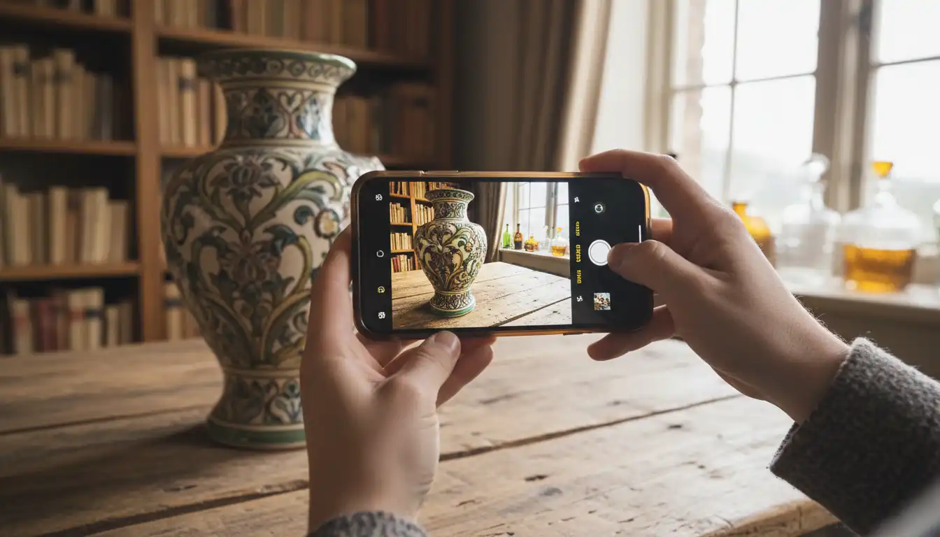 A person using a smartphone to take a photo of an antique ceramic vase in a sunlit room.