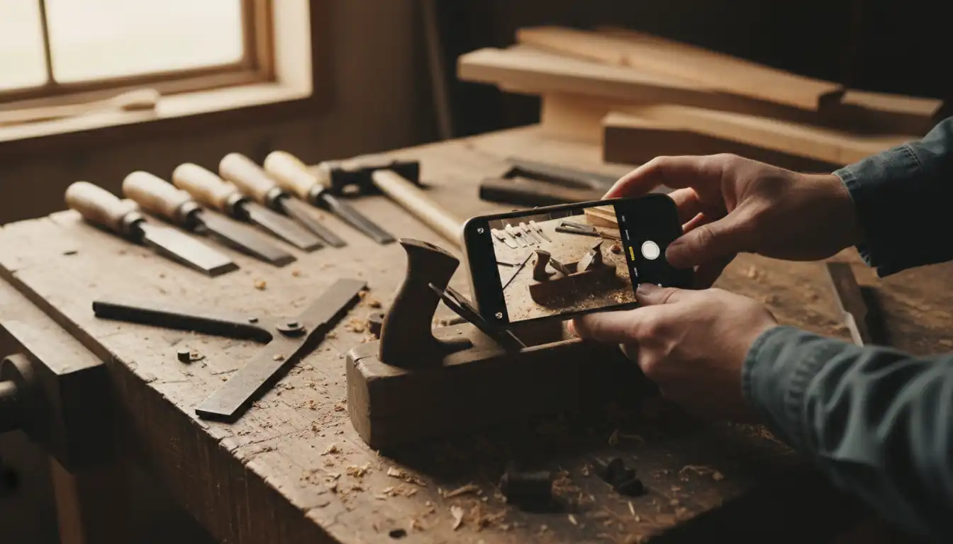 A person using a smartphone to photograph an antique wooden hand plane on a workshop workbench.