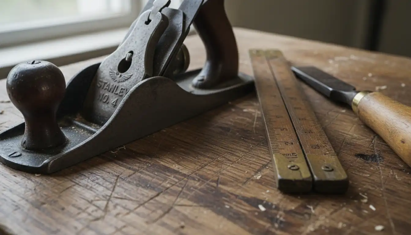 Antique woodworking tools including a hand plane and folding ruler on a weathered wooden workbench.