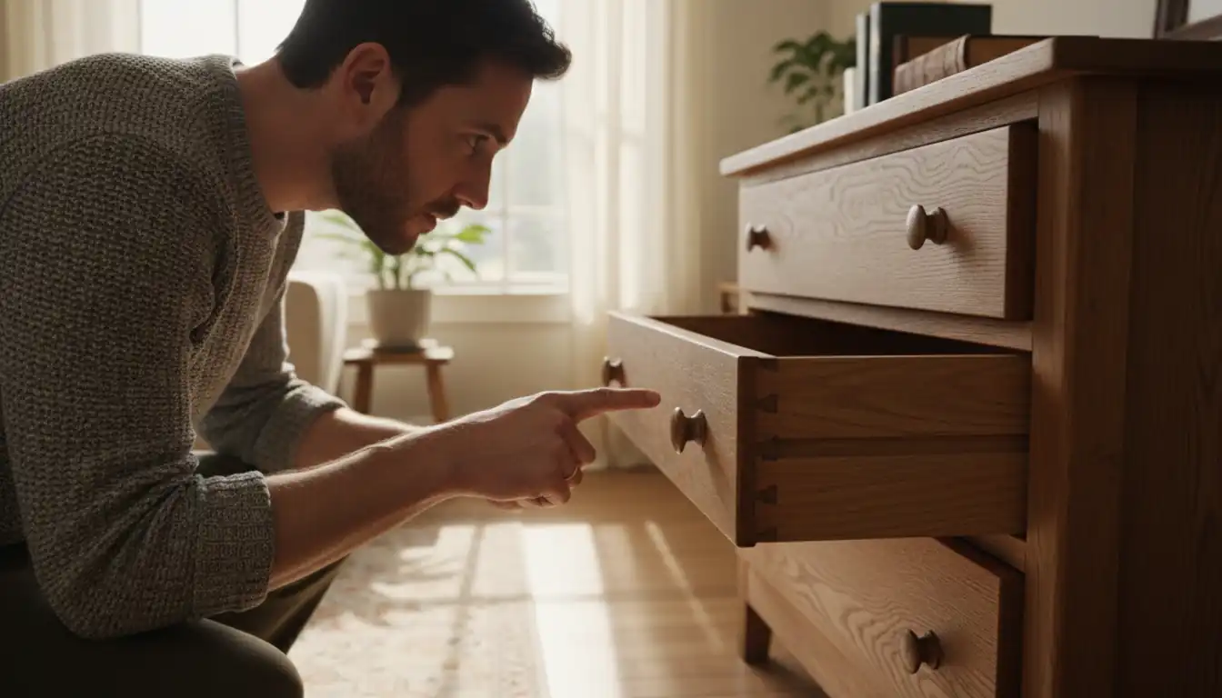 A man inspecting the dovetail joints of a vintage wooden dresser in a sunlit room.
