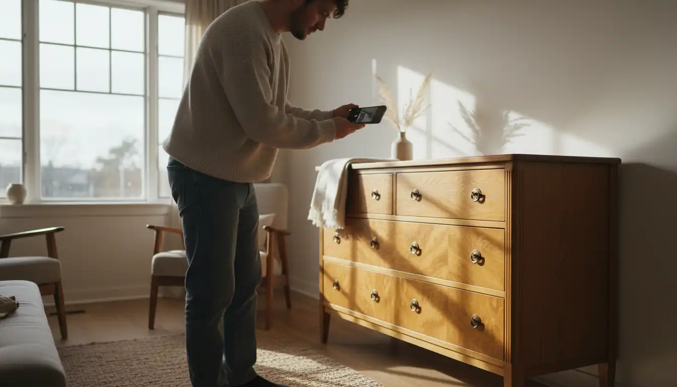 A person taking a professional smartphone photo of a polished vintage oak dresser in a sunlit room.