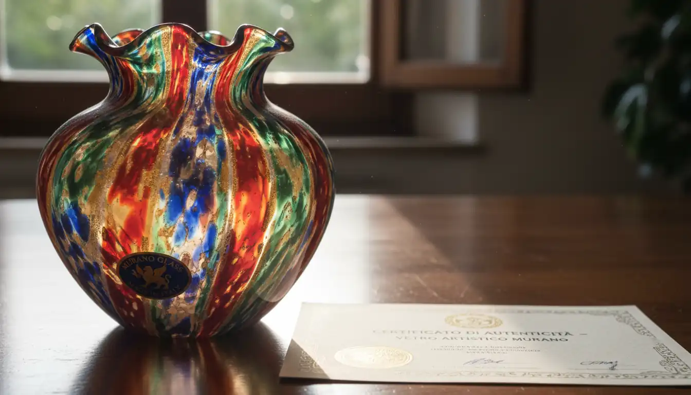 A Murano glass vase next to its paper certificate of authenticity on a wooden table.