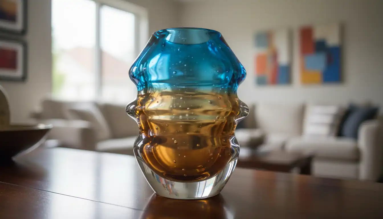 Close-up of a blue and amber Sommerso glass vase on a wooden table in natural light.