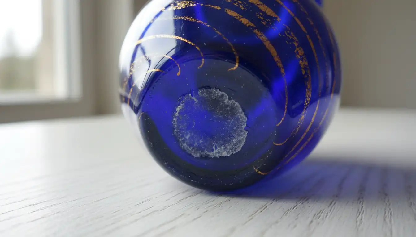 Close-up of the hand-finished pontil mark on the bottom of a blue Murano glass vase.