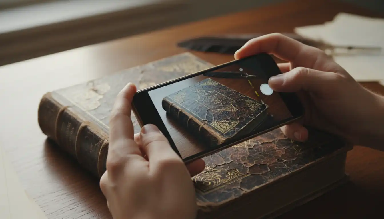 A person using a smartphone to scan an antique leather-bound book on a wooden desk.