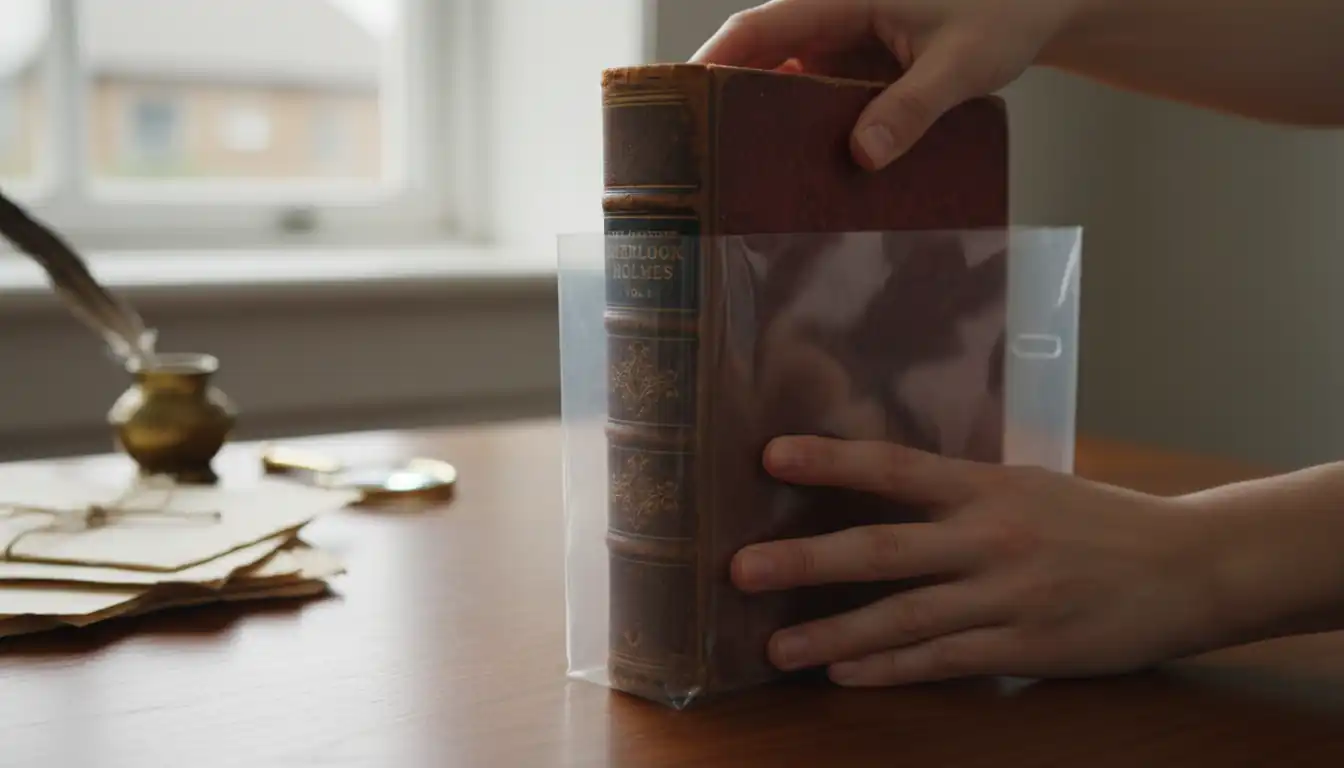 Hands carefully sliding a vintage hardcover book into a clear archival protective sleeve on a wooden desk.