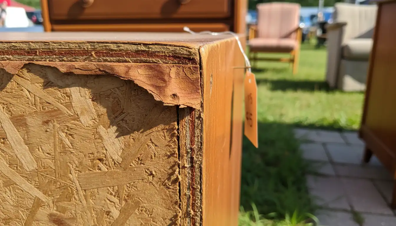 Close-up of a wooden dresser edge showing a thin cherry veneer layer over a particle board core.