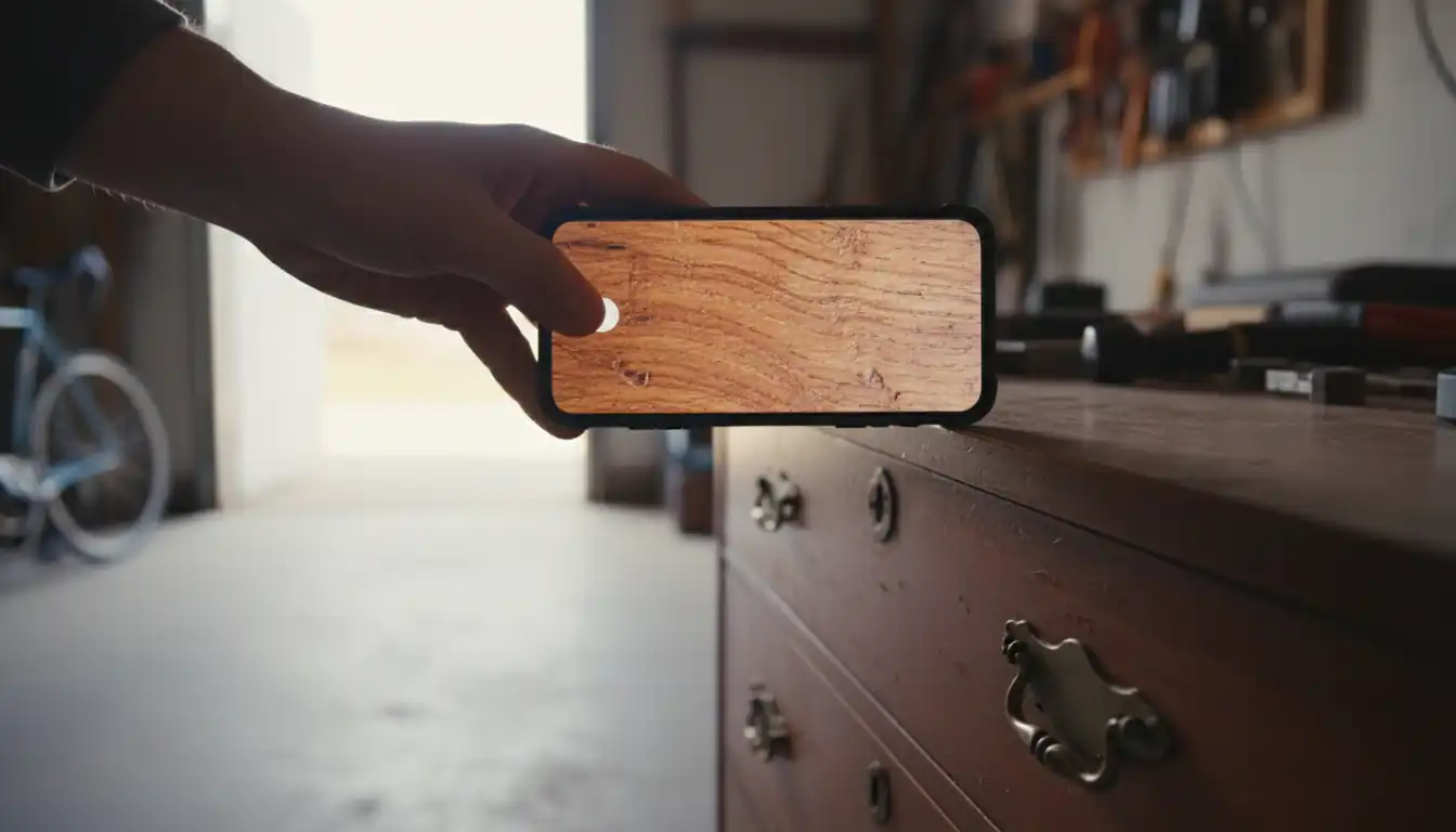 A person using a smartphone camera to scan the wood grain of a vintage dresser.