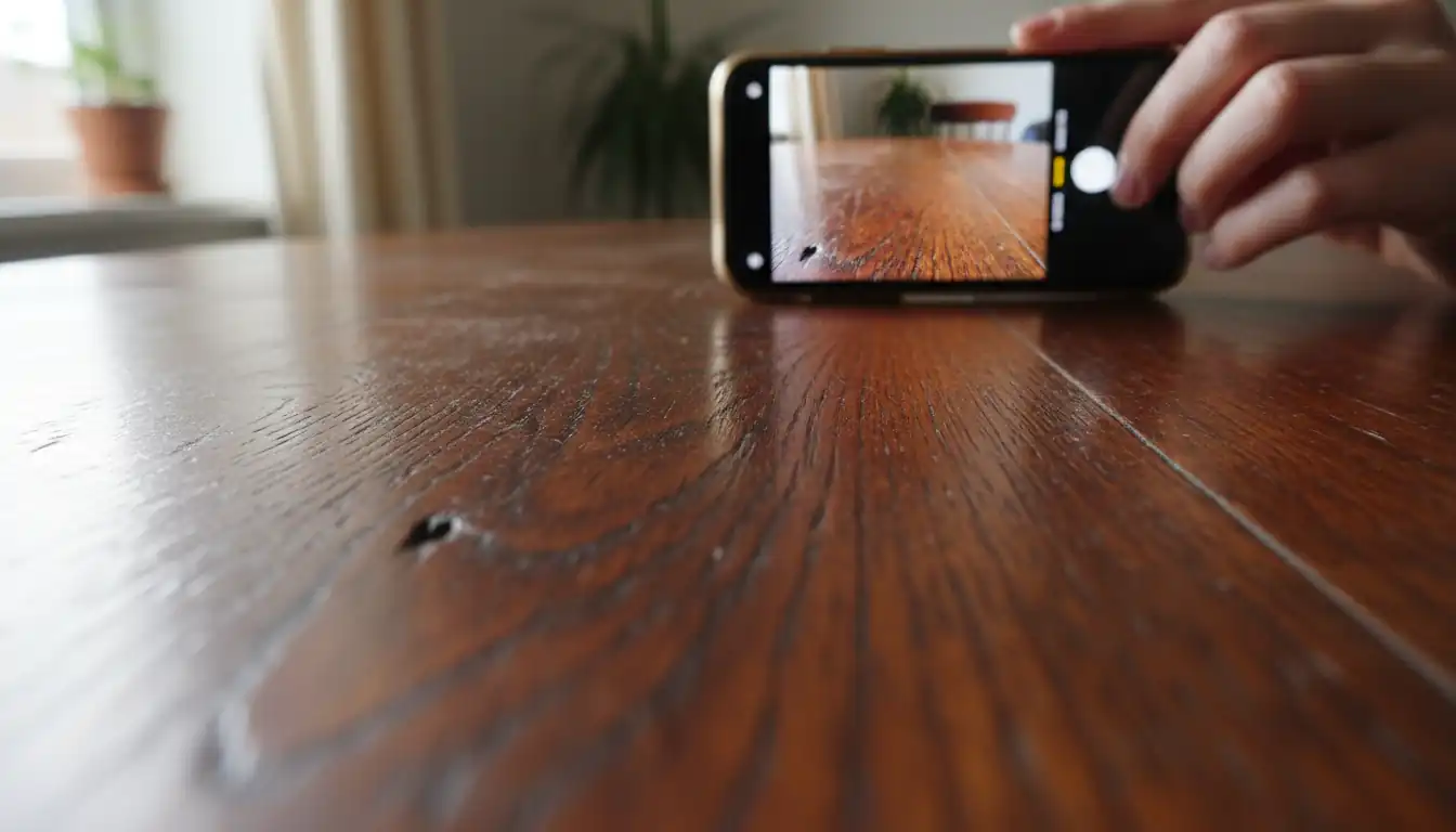 Close-up of a hand holding a phone to inspect the grain of an antique cherry wood table.