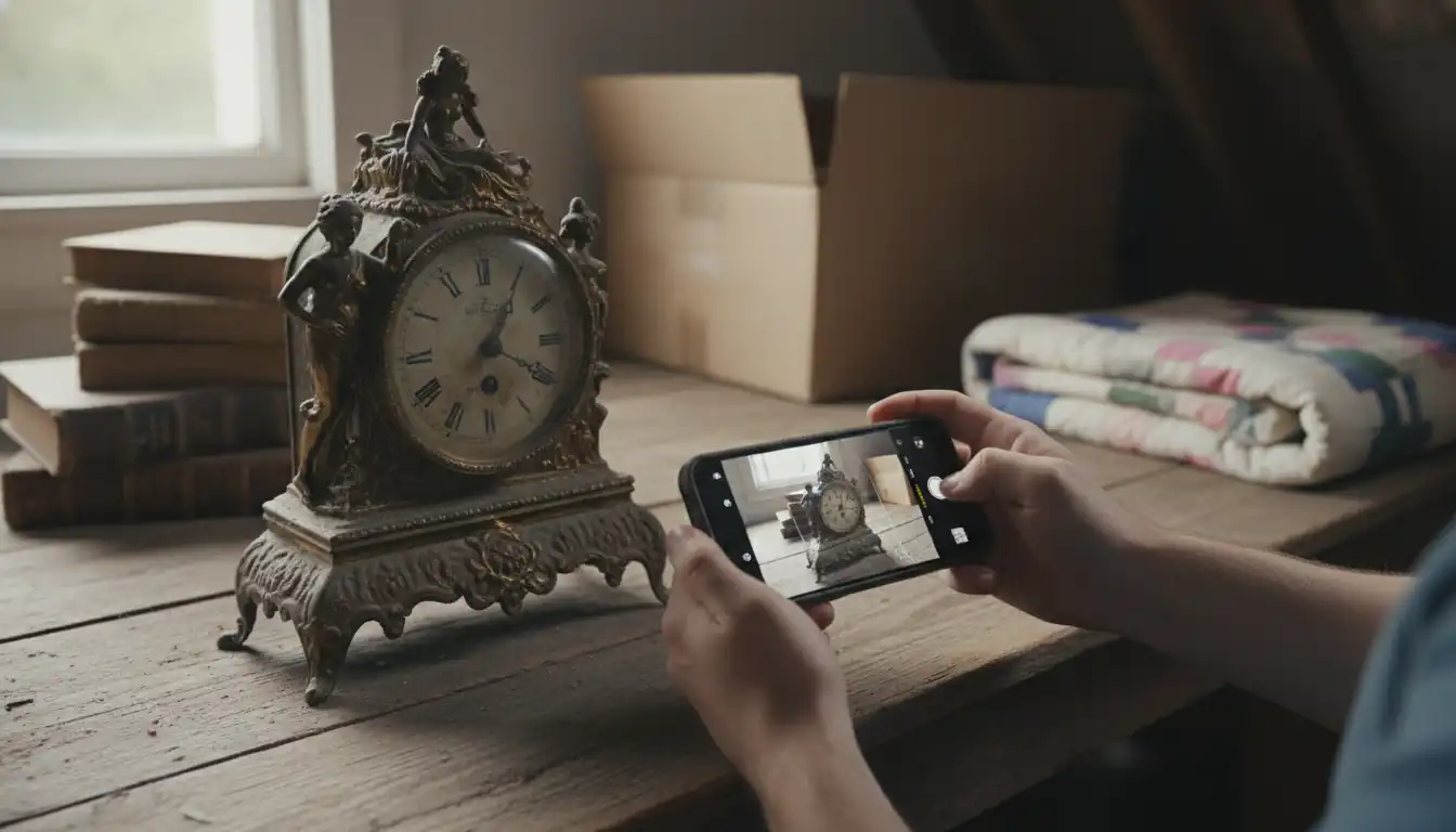 A person using a smartphone to scan an antique brass clock in a sunlit attic.