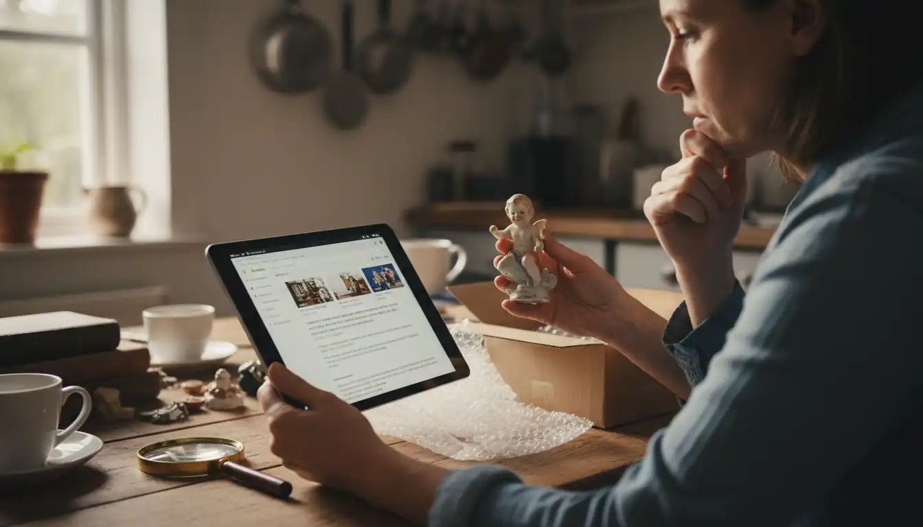 A person comparing a vintage porcelain figurine to search results on a tablet at a kitchen table.