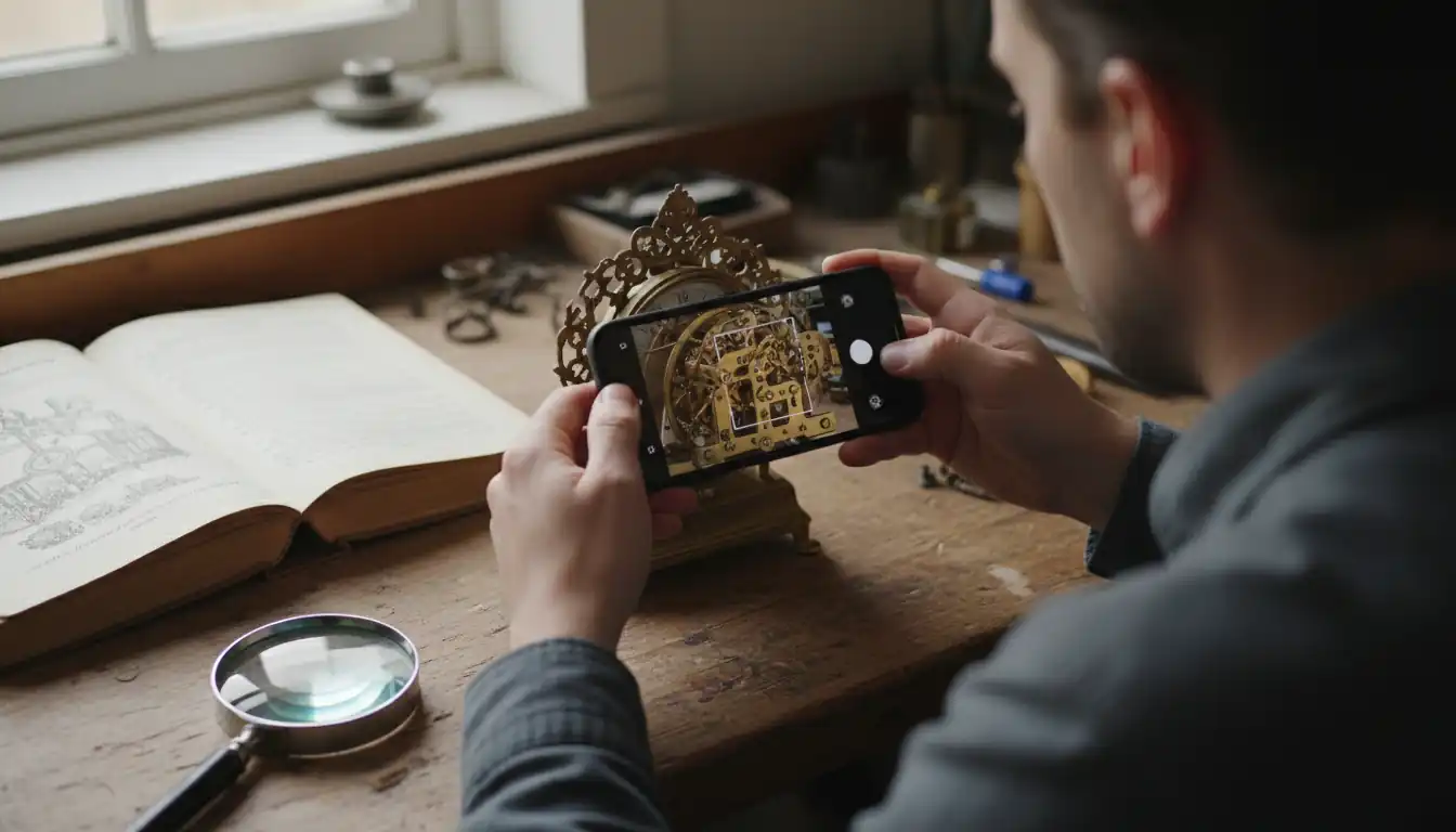 A person using a smartphone to identify a Victorian brass clock next to a magnifying glass and reference book.