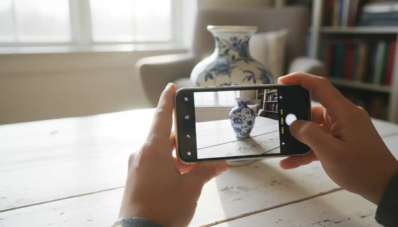 Hands using a smartphone to photograph a vintage porcelain vase on a white table in natural light.