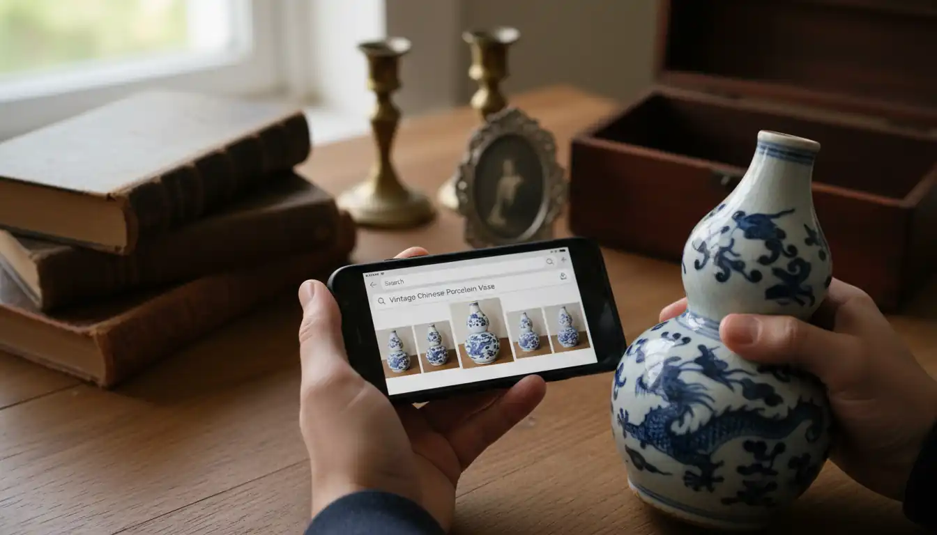 A person using a smartphone to scan a vintage porcelain vase at a crowded estate sale.