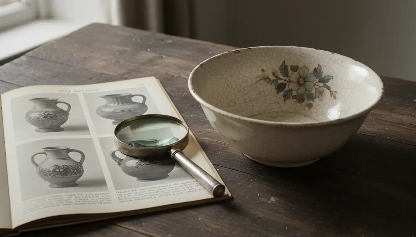 Vintage ceramic bowl on a wooden table next to an open auction catalog and a magnifying glass.