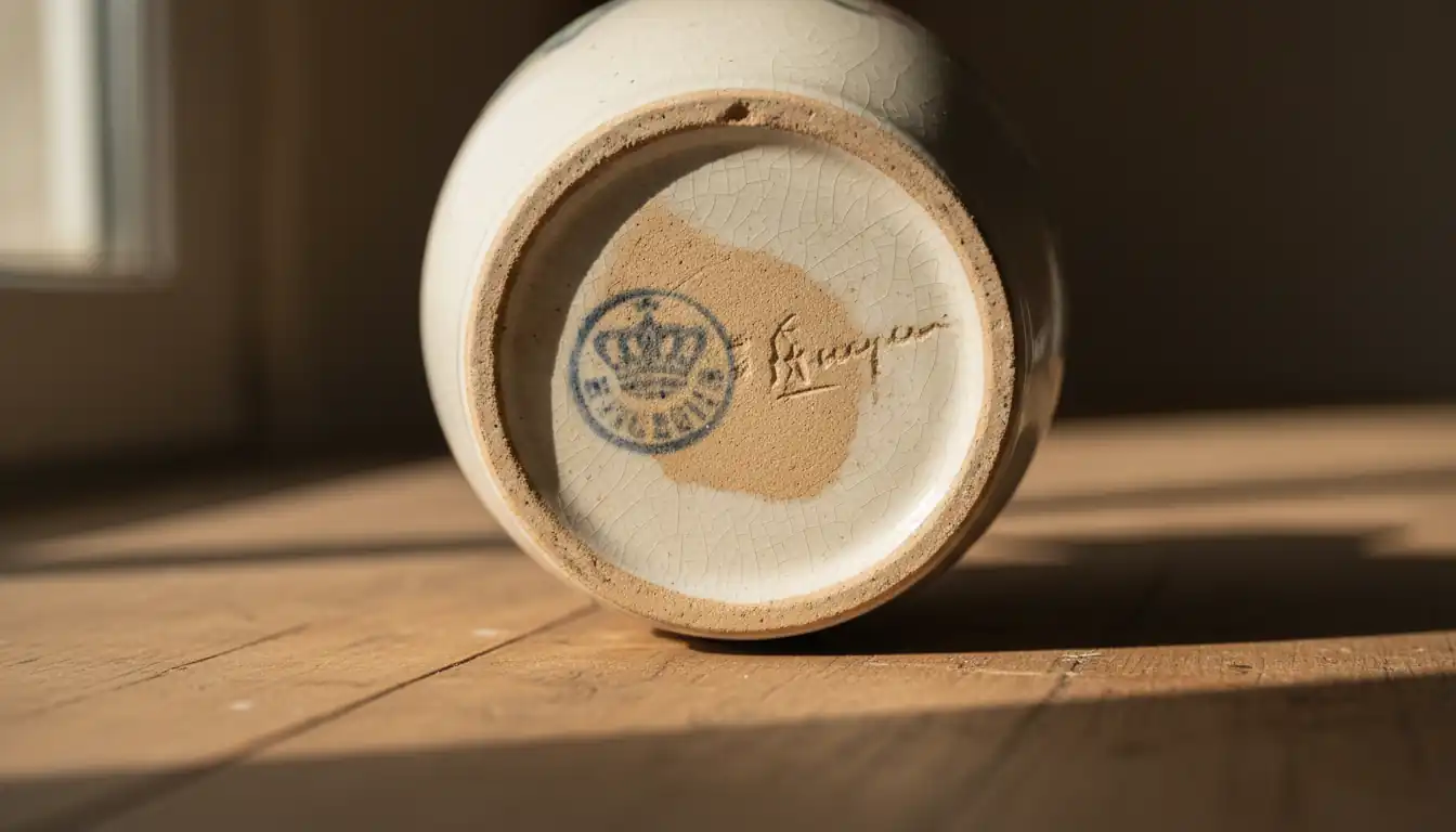 Close-up of a blue maker's mark and signature on the bottom of an antique ceramic vase.