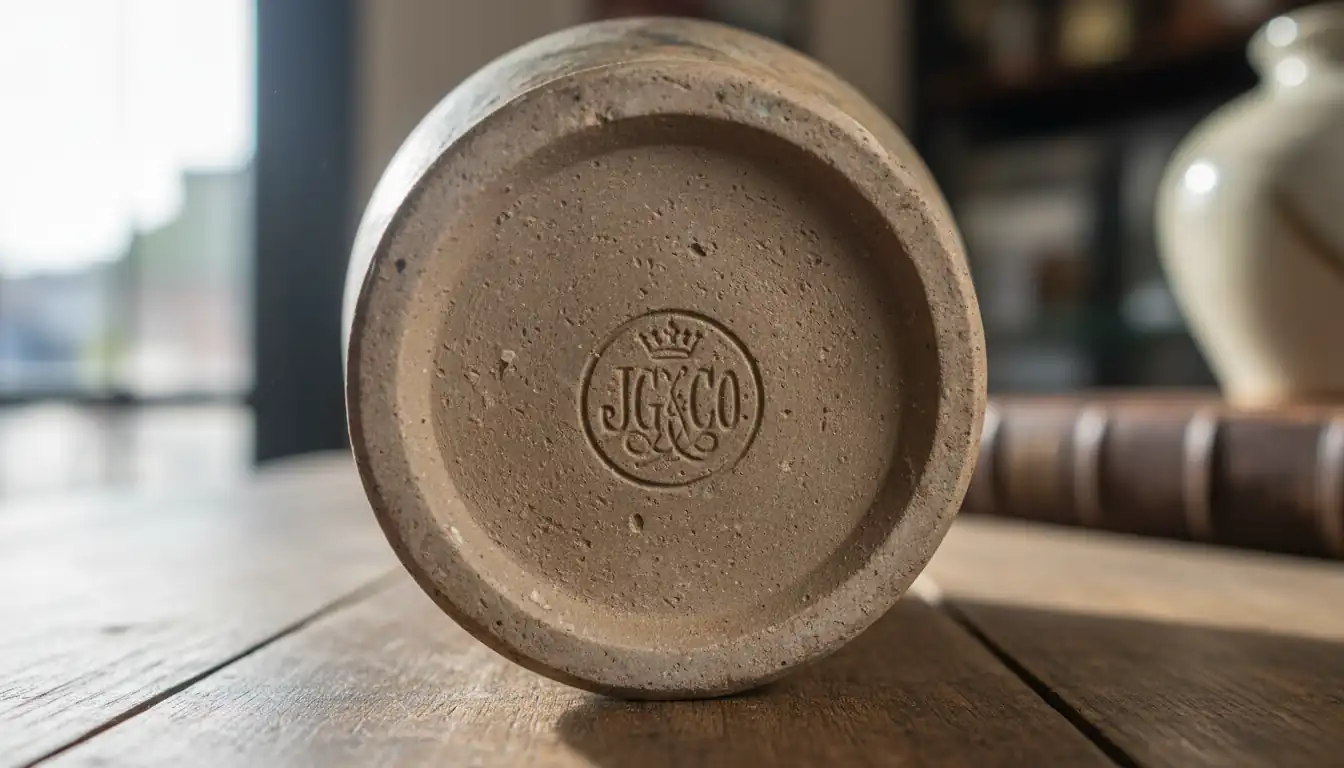 Macro shot of a vintage pottery maker's mark on the bottom of a ceramic vase.