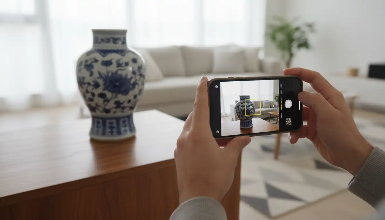 A person using a smartphone to scan a blue and white porcelain vase in a sunlit room.