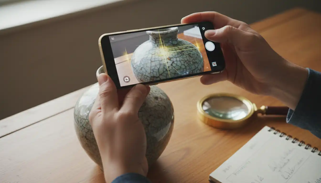 Person using a smartphone to scan and authenticate an antique ceramic vase on a wooden workbench.