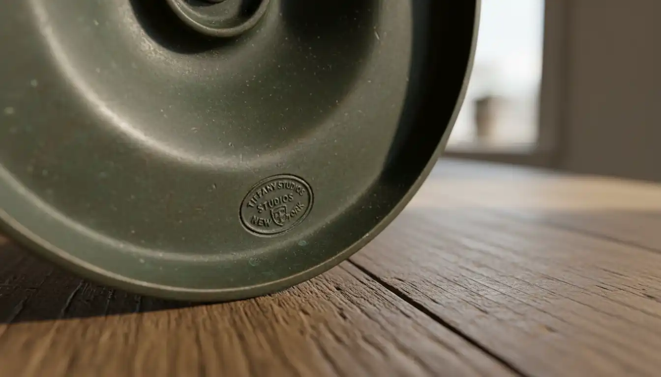 Close-up of a stamped maker's signature on the bronze base of an antique lamp.