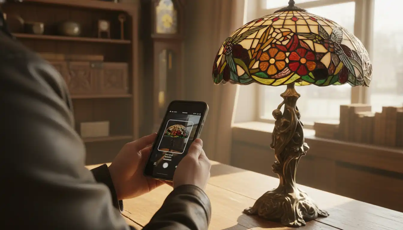 A person using a smartphone camera to identify an ornate antique lamp in a well-lit shop.