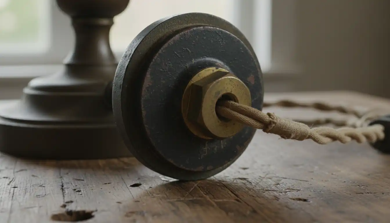 Close-up of the underside of an antique bronze lamp showing cast iron weights and cloth wiring.