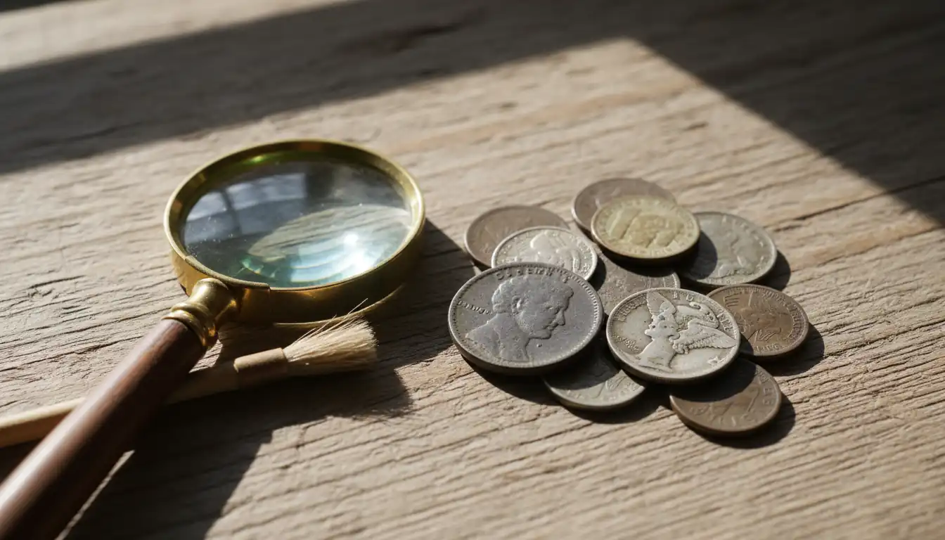 A collection of tarnished historical coins and a magnifying glass on a rustic wooden table in natural light.