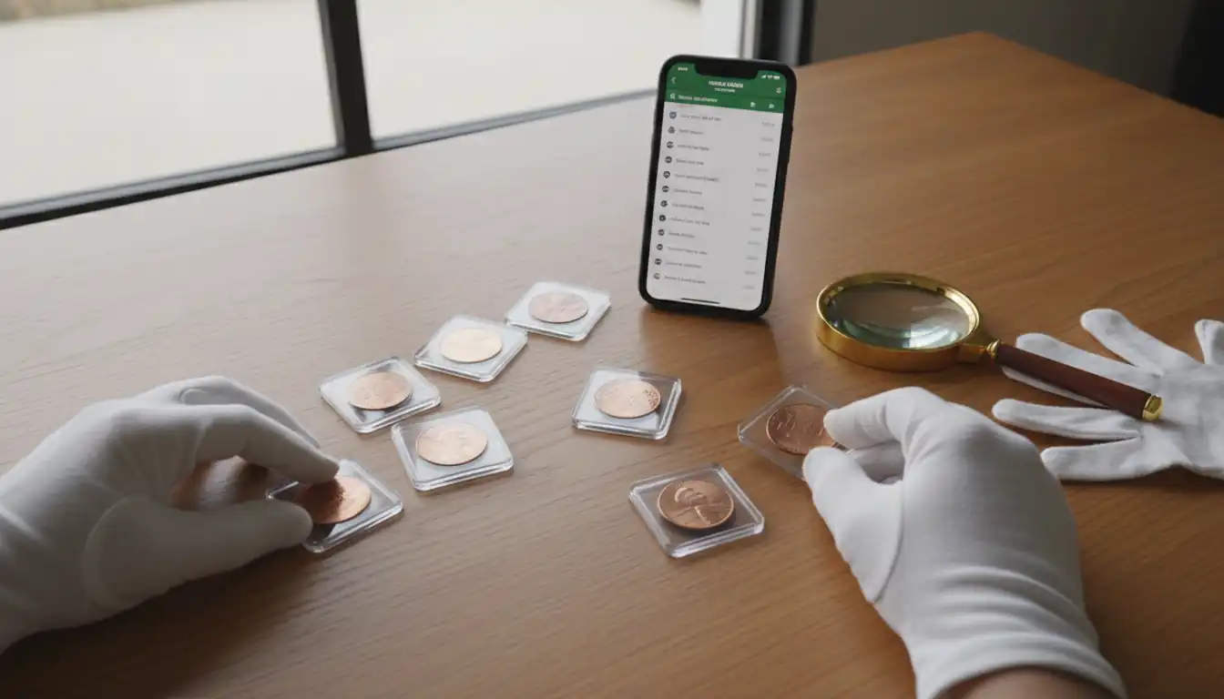 A person organizing a coin collection on a wooden desk using a smartphone app and protective holders.