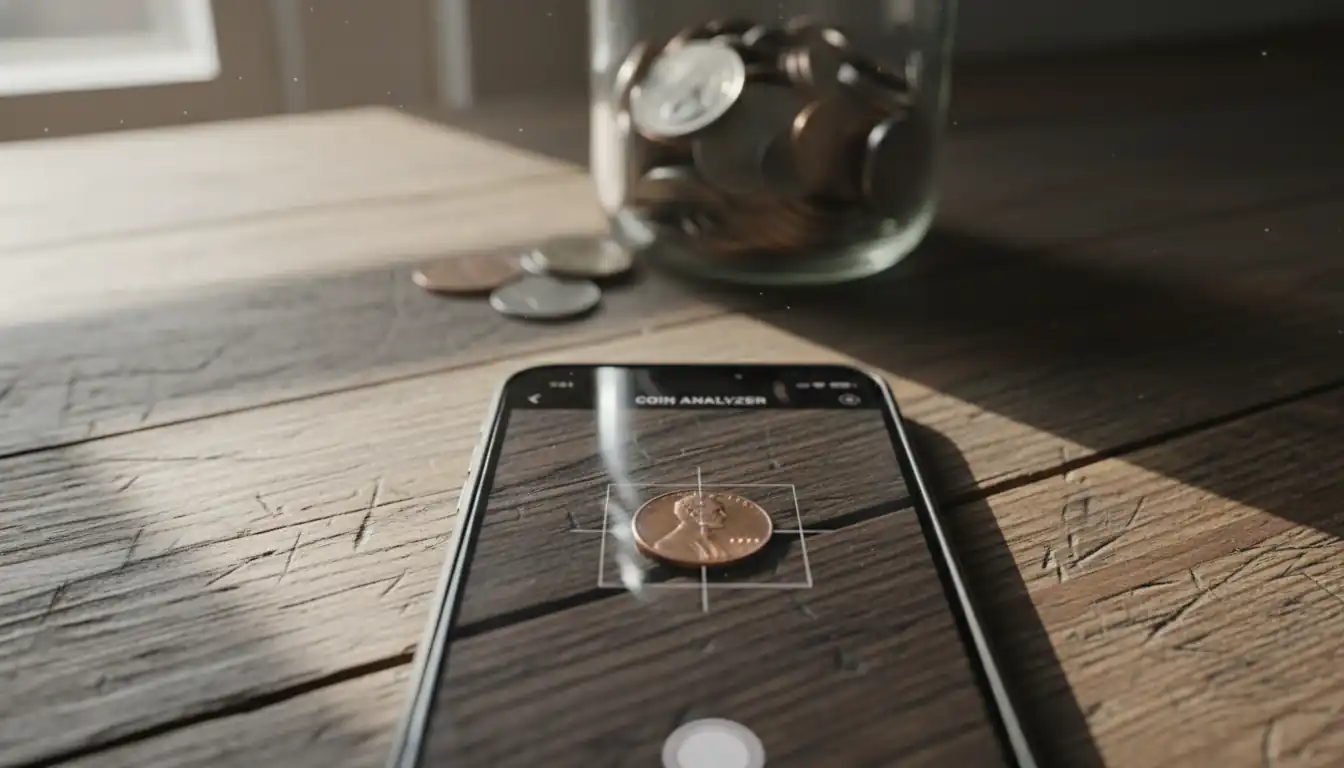 A smartphone scanning a copper penny on a wooden table next to a jar of coins in natural light.