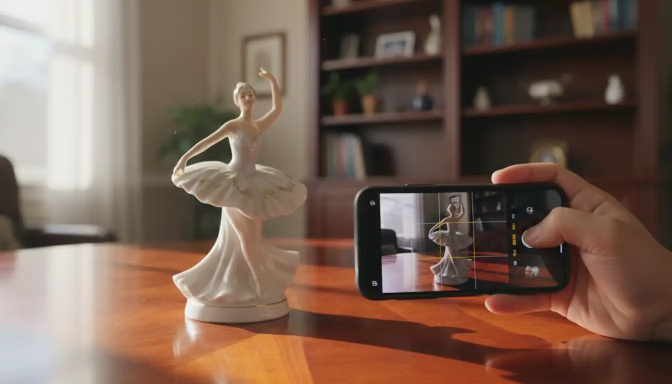 A person using a smartphone camera to identify a vintage porcelain figurine on a wooden table.