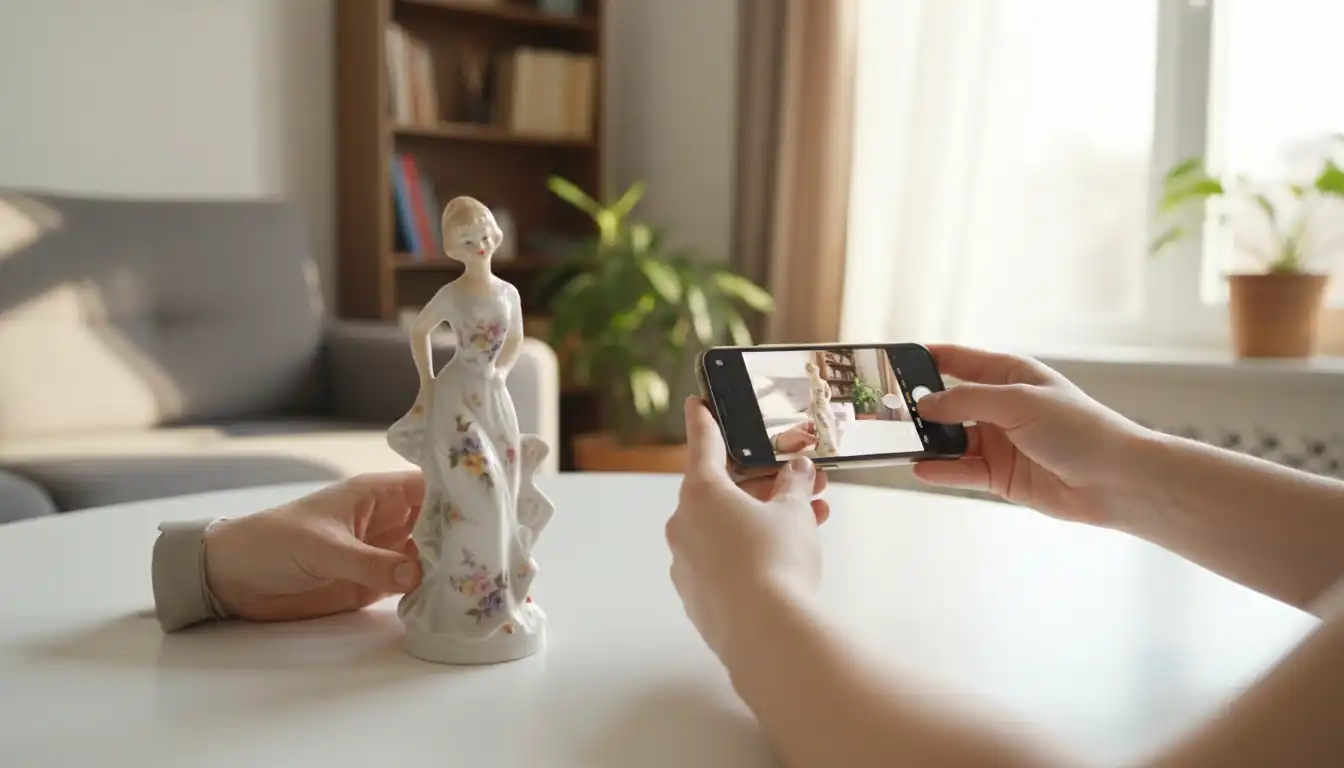 A person photographing a vintage porcelain figurine with a smartphone for an online sale in natural light.
