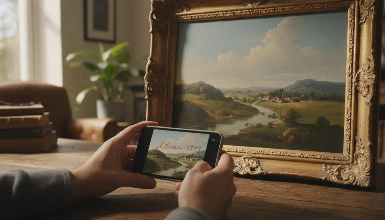 Person using a smartphone to take a photo of a signature on an antique oil painting.