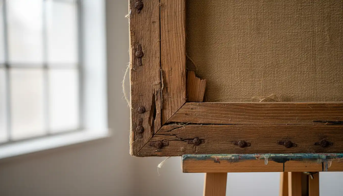 Close-up of the back of an antique painting showing aged wooden stretcher bars and linen canvas.
