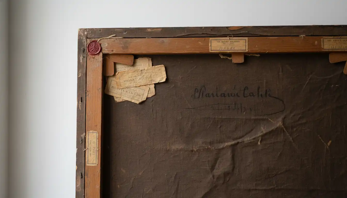 The back of an antique painting showing aged wooden frames, vintage gallery labels, and a wax seal.