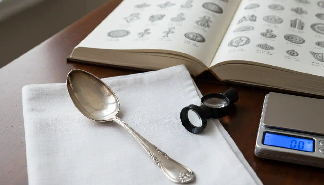Antique silver spoon on a white cloth next to a jeweler's loupe and digital scale for valuation.
